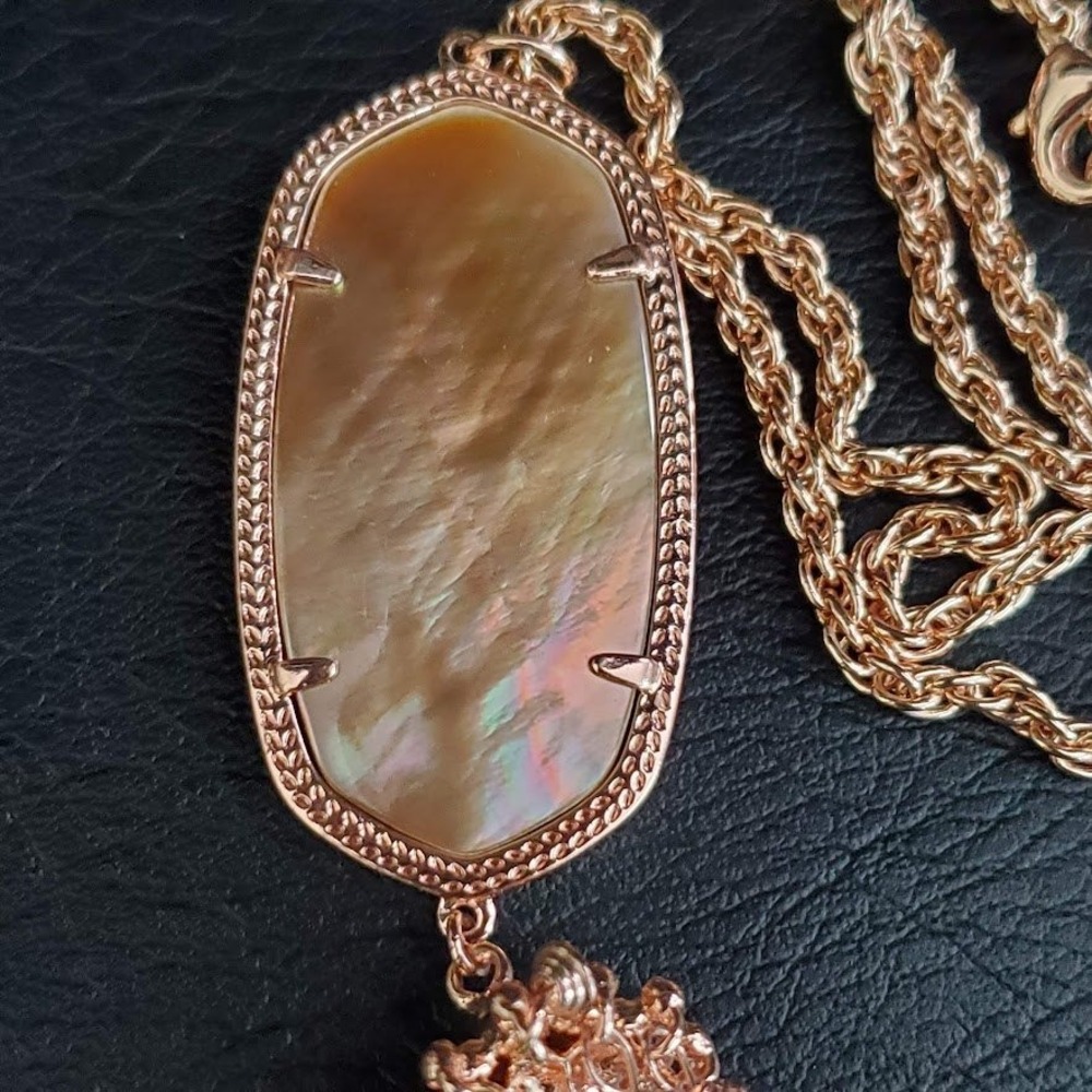 Kendra Scott Rayne Long Pendant Necklace Rose Gold and Brown Mother of Pearl - Picture 3 of 7